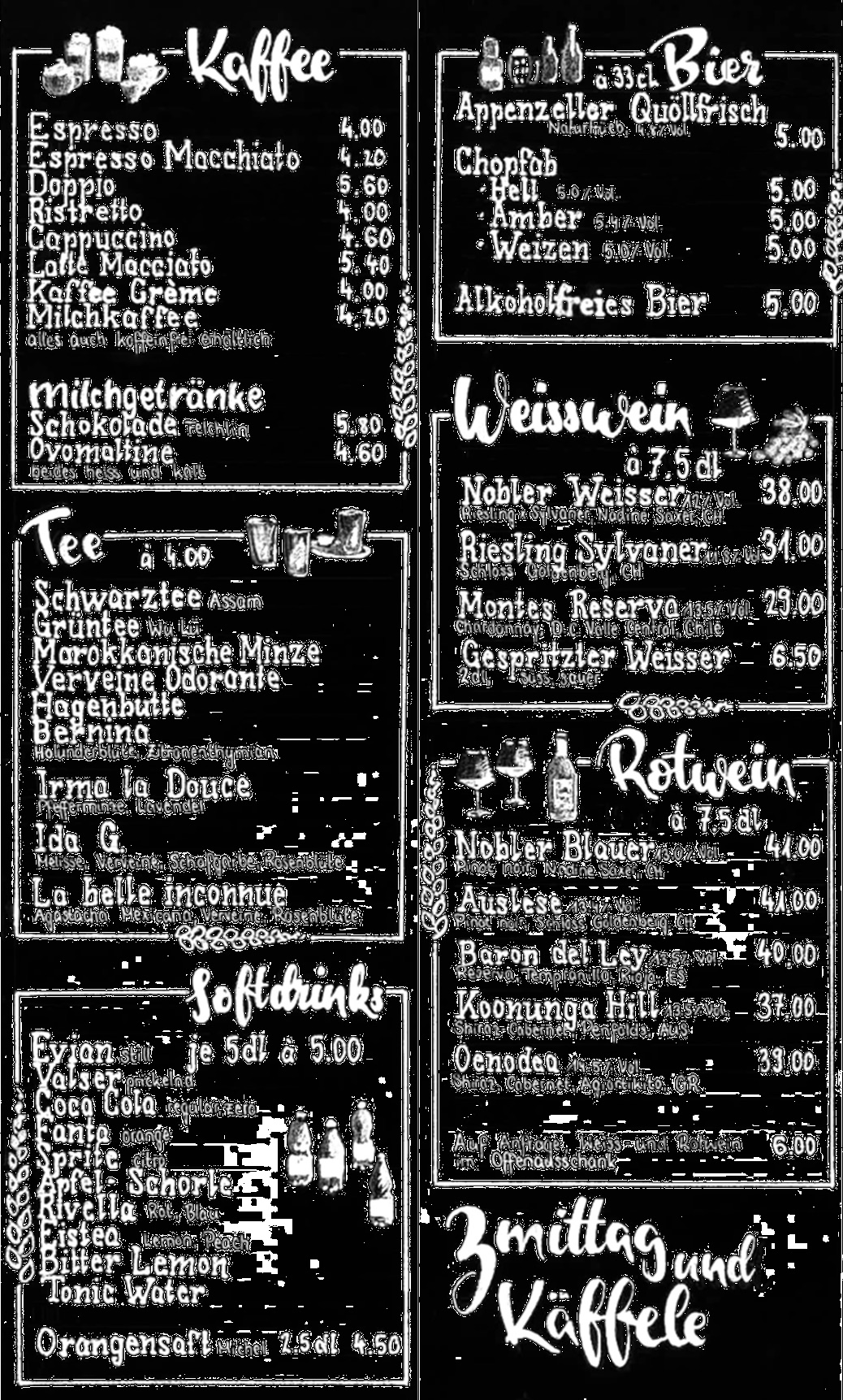 Getränkekarte 2021 (Kaffee, Tee, Softdrinks, Bier, Wein)